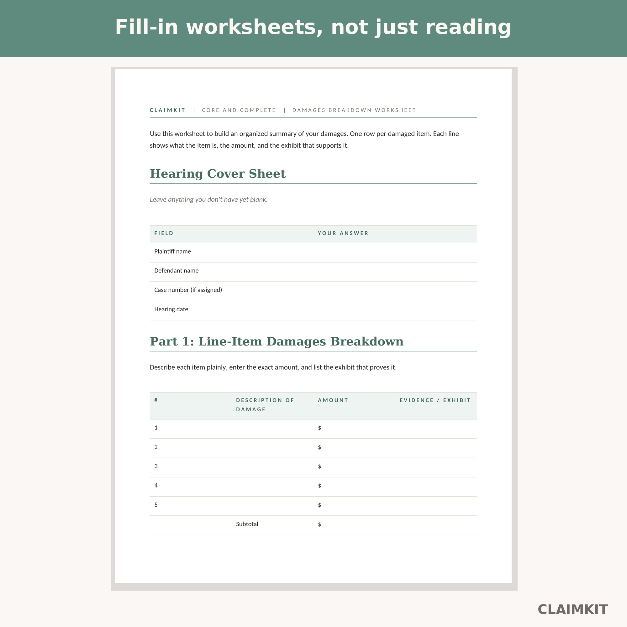 Damages Breakdown Worksheet